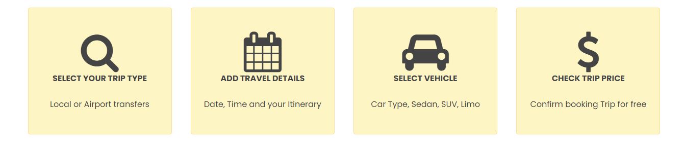 Four easy steps are: Choose trip type - Local or Airport, Add travel details, Select vehicle, Check price.